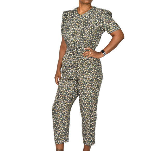 Floral Jumpsuit Vintage Black Ditsy Micro Print Calico 90s Rayon Small Petite - Picture 8 of 15